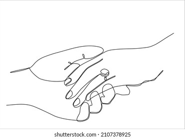 
continuous line men's hands put wedding rings on women's hands