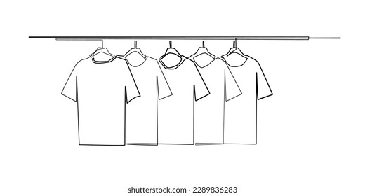 continuous line of men's t-shirts.line art of men's t-shirts. vector one line t-shirts drying in a row. single line t-shirts lined up isolated white background.