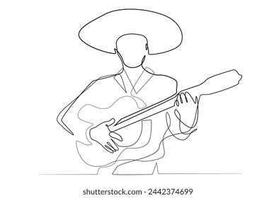 continuous line mexican man in mariachi outfit playing guitar.one line drawing of mexico country culture.single line vector illustration.isolated white background