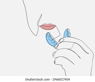 Continuous line, Middle age holding denture. Drawing of set Health. (Vector illustration one line drawing)