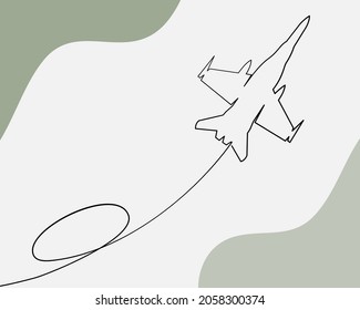 Continuous line, Military fighter jets during demonstration. Drawing of set War. (Vector illustration one line drawing)