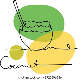 Continuous line minimal coconut  milk drink cocktail with a eco straw. Line art concept logo design. Eco healthy food.