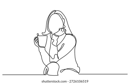 Kontinuierliche Linie Minimalistische einzeilige Zeichnung eines Mädchens sitzend, genießen eine Tasse Kaffee oder Tee. Die elegante, kontinuierliche Linie fängt einen ruhigen Moment der Entspannung.Mädchen trinken Tee Vektor.