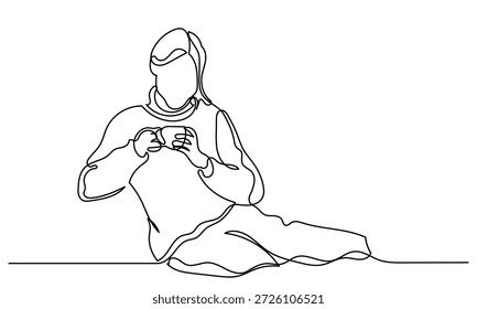 Linha contínua Desenho minimalista de uma linha de uma menina sentada, desfrutando de uma xícara de café ou chá. A linha elegante e contínua captura um momento tranquilo de relaxation.girl beber chá vetor.