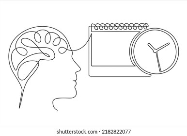 Continuous line modern drawing of a human head and brain thinking about important date. Schedule, appointment, important date concept. Drawing thoughts  in a man's head. 