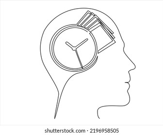 Continuous line modern drawing of a human head and brain thinking about thinking about time is money, thinking how and where to make money. Drawing thoughts  in a man's head. 