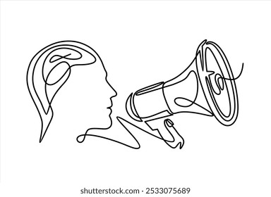 Continuous line modern drawing of a human head and megaphone