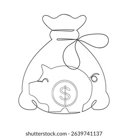 continuous line Money budget savings loan cash earning income wallet currency dollar card  coin revenue  piggy bank
