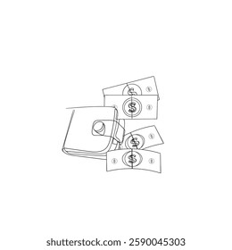 continuous line Money wallet doodle. Wallet dollar hand drawn sketch style icon. Profit  money safe doodle drawn concept. Vector illustration