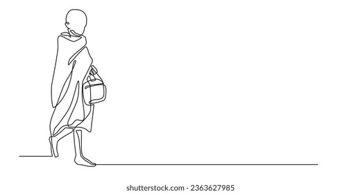 continuous line of monks .single line vector of little monk carrying pot .isolated white background