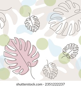Continuous line Monstera color seamless pattern. Vector repeat Floral background with Tropical leaves. Contour hand drawn Botany illustration for textile, Wallpaper, Wrapping paper, Cover. Eco concept