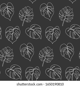Continuous line monstera leaf seamless pattern. Tropical leaves contour on the dark background. One line outline illustration isolated on white. Minimalist art. Single, simple hand drawn texture.