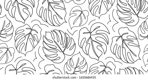 Continuous line monstera leaf seamless pattern. Tropical leaves contour background. One line outline illustration isolated on white. Modern Minimalist art. Single, simple hand drawn texture.