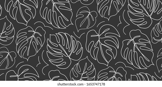 Continuous Line Monstera Leaf Seamless Pattern. Tropical Leaves Contour Background. One Line Outline Illustration Isolated On White. Modern Minimalist Art. Single, Simple Hand Drawn Texture.