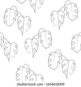 Continuous line monstera leaf seamless pattern. Tropical leaves contour background. One line outline illustration isolated on white. Modern Minimalist art. Single, simple hand drawn texture. Vector