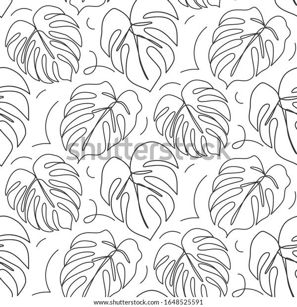 連続線モンステラ葉のシームレスな模様 熱帯の葉の輪郭背景 白い背景に1本の線の輪郭のイラスト モダンミニマリストアート シンプルな手描きのテクスチャー のベクター画像素材 ロイヤリティフリー
