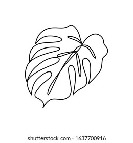 Continuous line monstera leaf. Tropical leaves contour drawing. One line outline illustration isolated on white. Modern Minimalist art. Single, simple hand drawn decorative sketch.