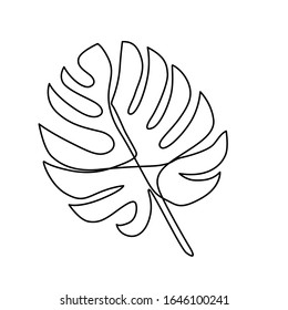 Continuous line monstera leaf. Tropical leaves contour drawing. One line outline illustration isolated on white. Modern Minimalist art. Single, simple hand drawn decorative sketch.