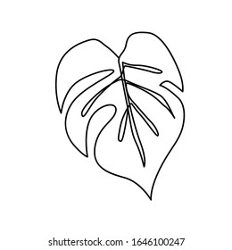 Continuous line monstera leaf. Tropical leaves contour drawing. One line outline illustration isolated on white. Modern Minimalist art. Single, simple hand drawn decorative sketch.