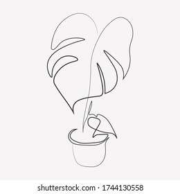 Línea continua Monstera deja el arte natural de dibujo de una línea. Estilo. Resumen de ilustración vectorial simple mínima