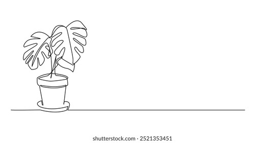 continuous line monstera plant.one line drawing of monstera houseplant in pot.single line vector illustration.isolated white background