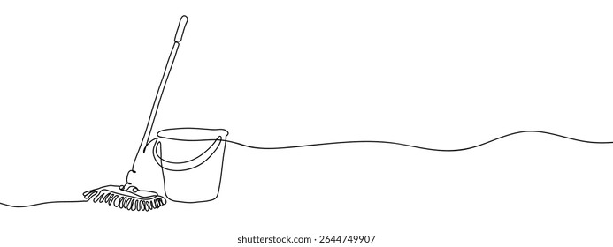 Continuous line, mop and bucket Simple art lines on transparent background.
