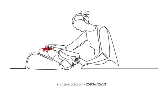 continuous line of a mother checking her sick child.one line drawing of a mother holding the forehead of a child who has a fever.single line vector illustration.isolated white background