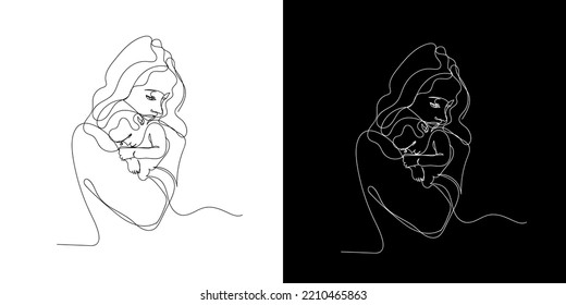 continuous line of mother and child. line drawing of mother's love for babies
