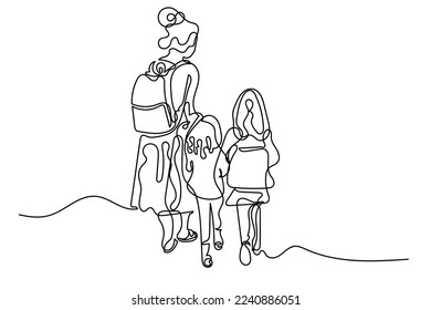 continuous line of mother and daughter. one line drawing of mother walking with two daughters