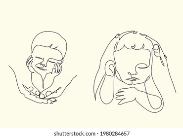 Continuous line mother hands holding baby simple line illustration. Newborn baby line art vector. Abstract minimalist line drawing of small cute baby sleeping