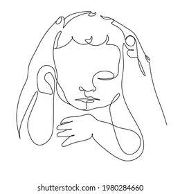 Manos madre de línea continua sosteniendo la ilustración de línea simple del bebé. Vector de arte de linea de bebé recién nacido. Resumen del dibujo de líneas minimalistas del pequeño bebé lindo durmiendo