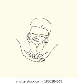 Continuous line mother hands holding baby simple line illustration. Newborn baby line art vector. Abstract minimalist line drawing of small cute baby sleeping