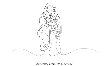 continuous line of mother mary holding baby jesus.our virgin,single line of mother mary carrying jesus.isolated white background