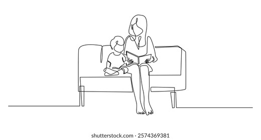 continuous line of a mother reading a story book to her child.one line drawing of mother and child sitting on a sofa reading a story book.single line vector illustration.isolated white background