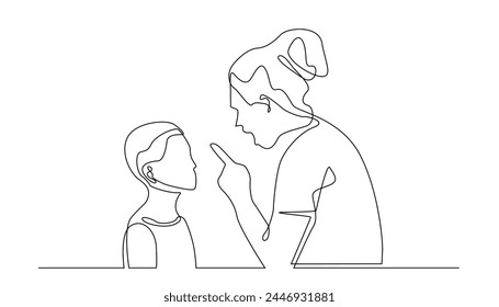 continuous line of mother scolding her child.portrait of mother scolding son one line drawing.home education single line vector