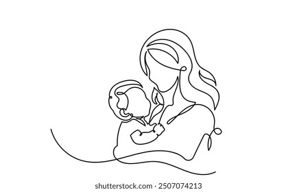 Continuous line Mother's Day abstract minimalistic modern line art. Single-line Mother caring baby, Mom hugging child, isolated on a white background. Motherhood and newborn concept. 
