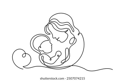 Continuous line Mother's Day abstract minimalistic modern line art. Single-line Mother caring baby, Mom hugging child, isolated on a white background. Motherhood and newborn concept. 
