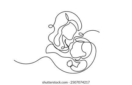 Continuous line Mother's Day abstract minimalistic modern line art. Single-line Mother caring baby, Mom hugging child, isolated on a white background. Motherhood and newborn concept. 
