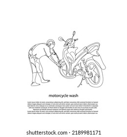 Continuous Line Of Motorcycle Washing. Line Art Of People Washing Motorbikes