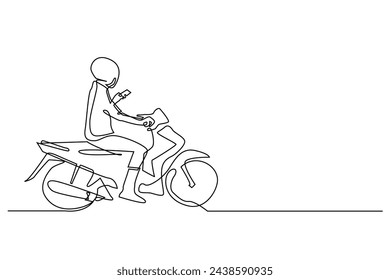 continuous line of motorcyclist and using cellphone.dangerous act of riding a motorbike and using cellphone in one line vector drawing