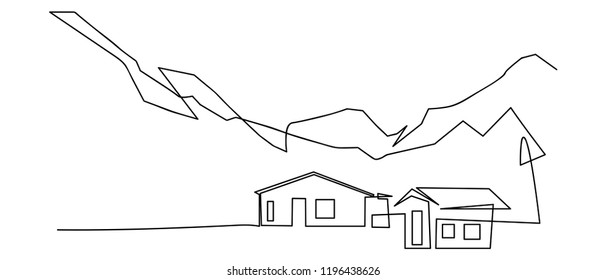continuous line of mountain houses vector illustration Christmas in the winter.