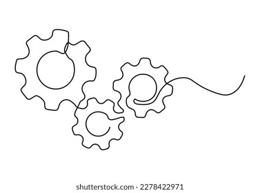 A continuous line of moving gear wheels. Round wheel metal symbol company logo template for business teamwork concept. Single line graphic design dynamic vector illustration.