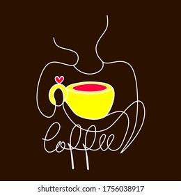 línea continua de una taza o taza de café y la palabra café escrito, cafetería, restaurante, diseño neón colorido, ilustración vectorial