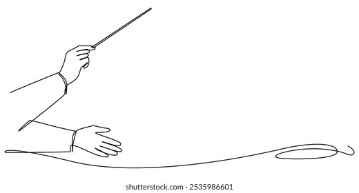 continuous line of music conductor's hand with baton.one line drawing of orchestra music.single line vector illustration of conductor directing music players.isolated white background