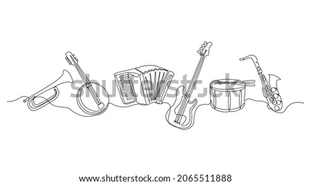 Continuous line musical instruments. Outline jazz and orchestral minimalist instruments, drums guitar violin saxophone trumpet horn. Vector one line