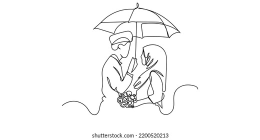 continuous line of muslim couple wearing umbrella. line drawing of Muslim men and women wearing umbrellas when it rains