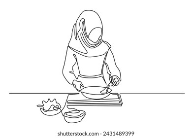 continuous line of Muslim woman cooking. Single line of Muslim woman doing activities in the kitchen. Woman cooking drawn in one vector line