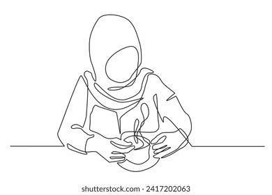 continuous line of muslim woman drinking coffee.line art vector of muslim girl enjoying coffee.girl drinking coffee in cafe.one line drawing of coffee drinker isolated on white background