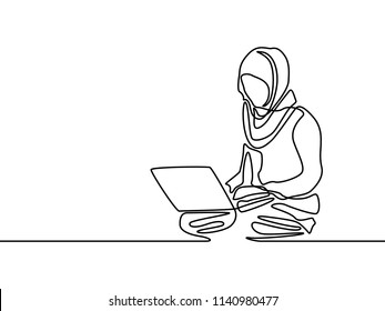 Continuous line muslim woman learning or with help notebook. Vector illustration.