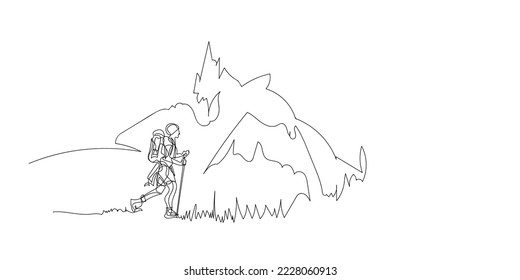 continuous line nature lover. line drawing walking through nature. enjoying nature on vacation, exploring mountains and forests